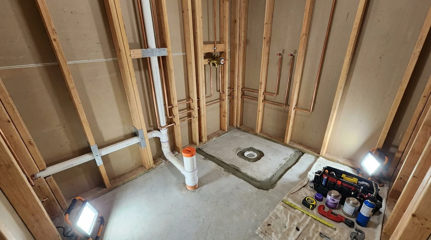 Bathroom rough-in plumbing during remodel by Johns Plumbing LLC in Carlin