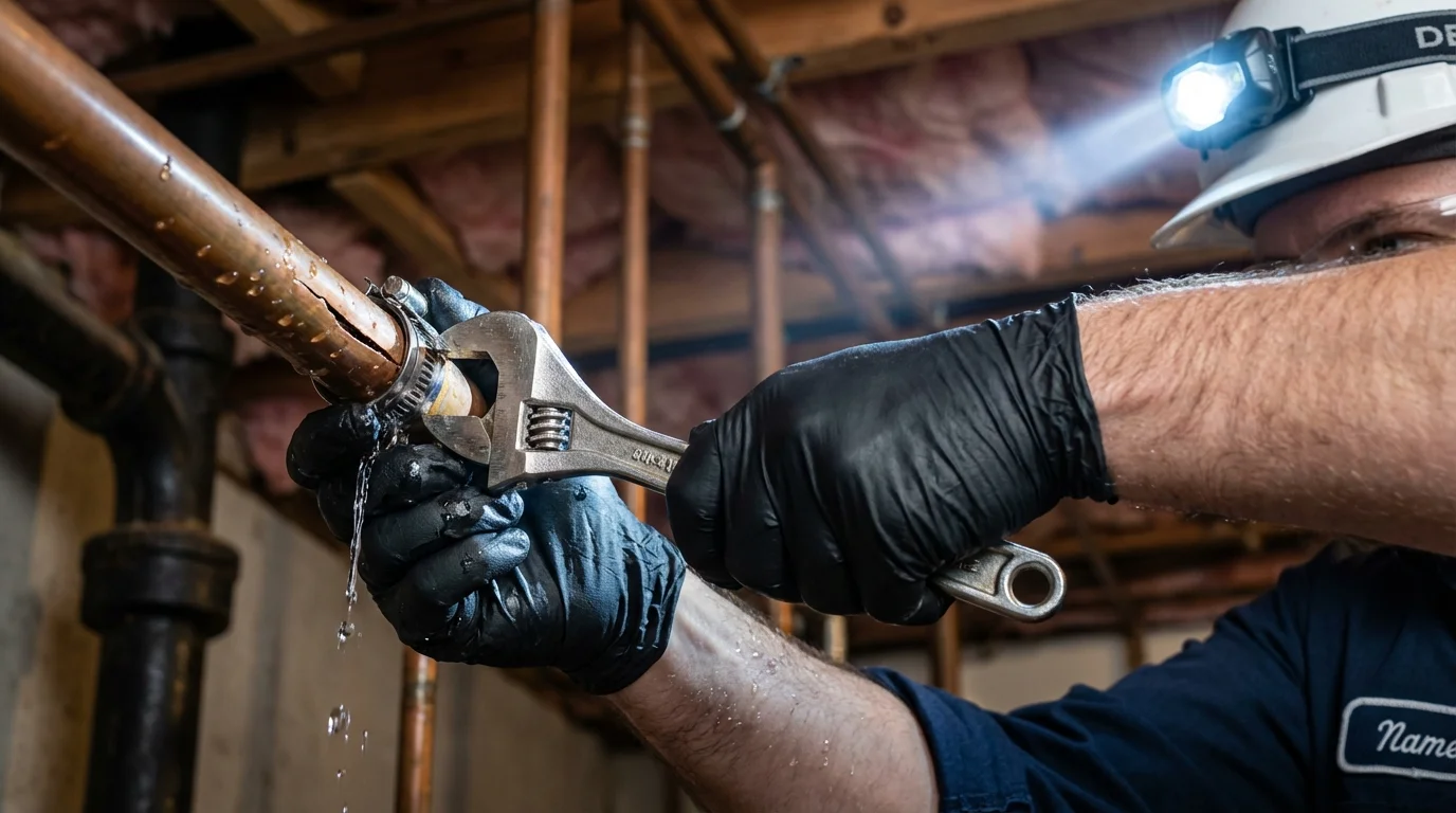 Emergency pipe clamp repair being performed by a Johns Plumbing LLC plumber in Carlin