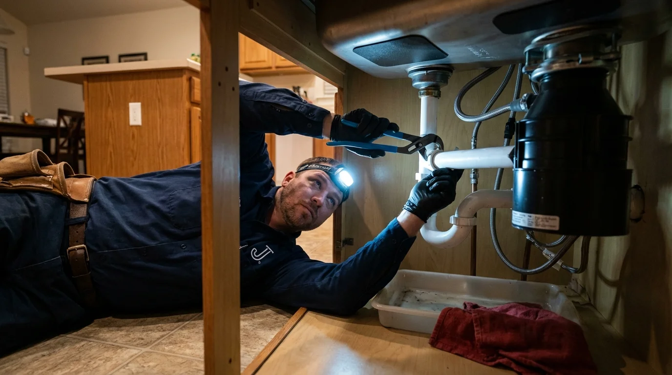 P-trap and supply line connections under a kitchen sink showing a common leak point in Carlin, NV